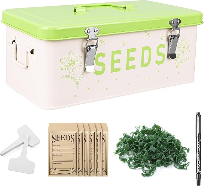 Seed Storage Organizer with Lid, Metal Seed Bin Seed Packet Container with 100 Plant Labels 50 Seed Envelopes 50 Plant Clips 1 Marker Pen, 4 Compartments Box with Locks