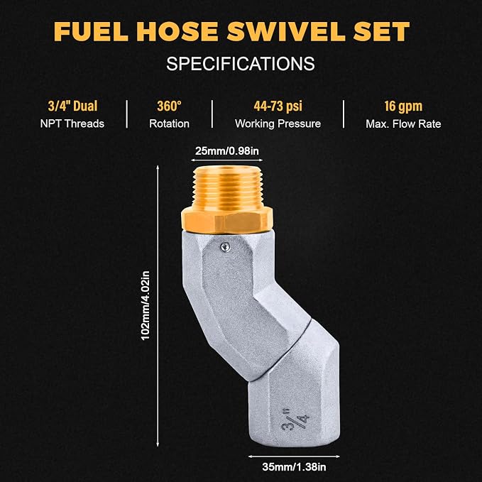 3/4 Inch NPT Fuel Hose Swivel - Multi Plane 360° Rotating Connector for Fuel, Water, Diesel, Gasoline, Kerosene Transfer Pumps, Tanks, and Nozzles