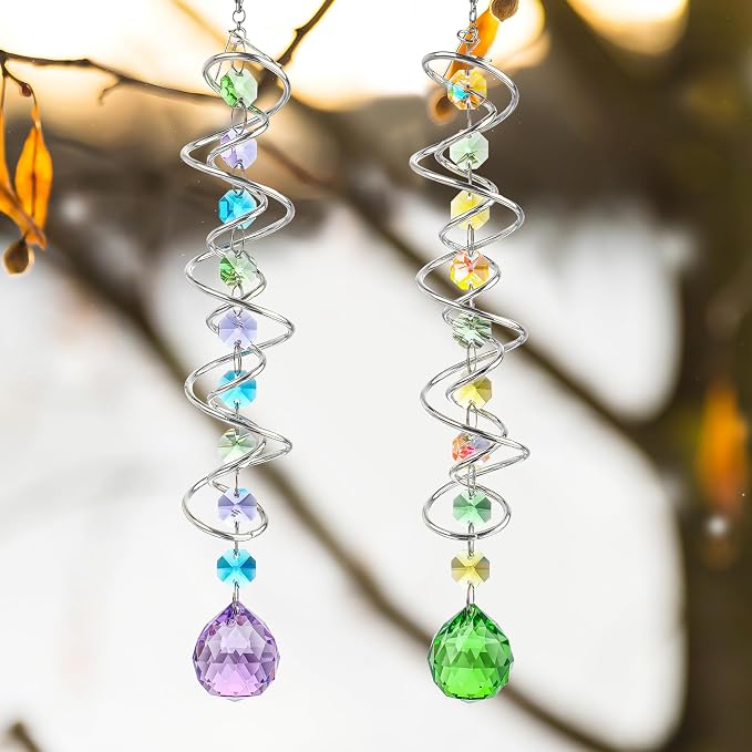 Set of 3 Crystal Suncatcher Spiral Wind Spinner Gazing Ball Decor | Crystal Suncatcher Rainbow Maker with Spiral Tail Hanging for Outdoor Garden Patio Porch Christmas Window Decor