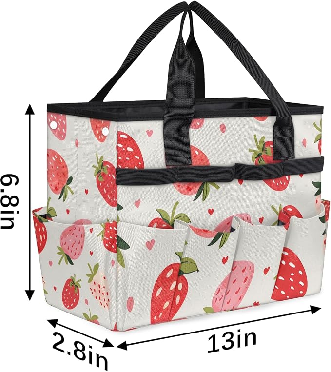 Strawberries Gardening Tool Bag,Heavy Duty Garden Tote Bag,Portable Oxford Gardening Storage Basket Organizer Handbag with Pockets Handle,Hand Tools Gifts for Outdoor Garden Lawn Yard