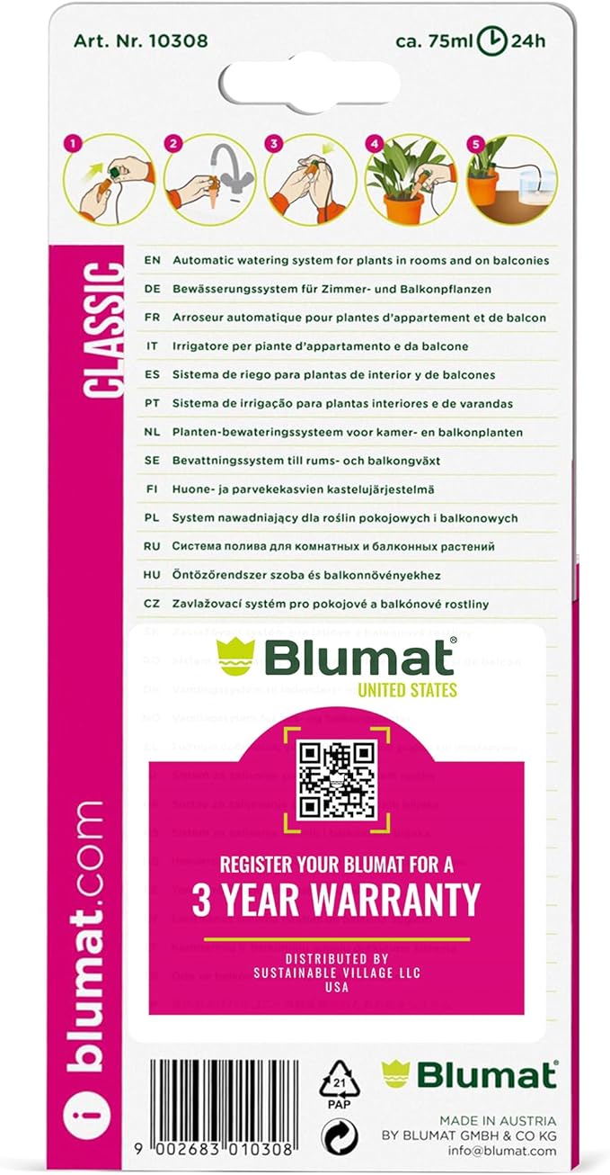 Blumat Classic Self-Watering Stakes - Prevents Overwatering and Underwatering for Healthy Growth While You are Away - Ideal for Indoor Plant Watering (6 Pack w/o Adapter)