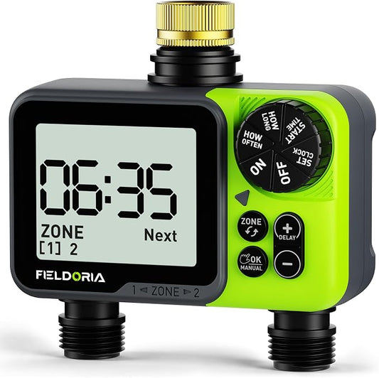 Sprinkler Timer, Programmable Brass Inlet Watering Timer for Garden Hose, Fit 3/4” US Faucet, Outdoor Soaker Auto Manual Hose Timer with Rain Delay, Drip Irrigation for Lawn Yard, 2 Outlets