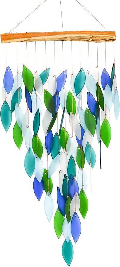 Blue Handworks Ocean Deluxe Waterfall Glass Wind Chime | Handcrafted Deluxe Waterfall Glass Wind Chime in Royal Blue, Sky Blue, Teal and Frosted White