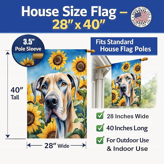 Caroline's Treasures DAC6092CHF Great Dane in Sunflowers House Flag Large Porch Sleeve Pole Decorative Outside Yard Banner Artwork Wall Hanging, Polyester, House Size, Multicolor