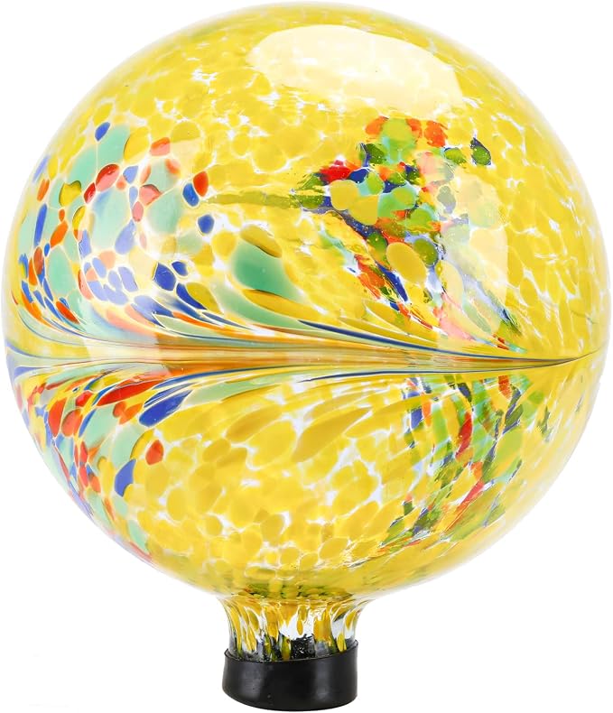 VCUTEKA Gazing Ball, Glass Gazing Balls Garden Globe Decor 10" Yellow | Handcrafted yellow swirl glass gazing balls that creates elegant garden focal point in any outdoor landscape yard decorative