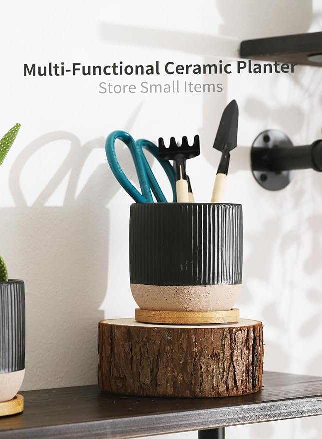 4" Black Ceramic Plant Pots with Drainage Holes & Trays Set of 4 | Vertical Stripes Succulent Pot with Saucer, Small Flower Planter Sets for Indoor Plants, Cactus & Herbs