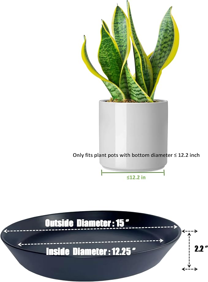 Ceramic Plant Saucer Tray 12 14 15 Inch Black, 15" OD x12.25 ID x2.2 Deep| Extra-Large Size Sturdy Heavy Duty Glazed Bevel Planter Drip Flower pots with Catch Basin for Indoor Outdoor Plants