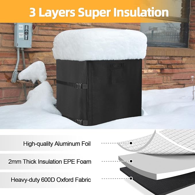 SUNICO Winter Air Conditioner Covers for Outside Units, 36x36x39in, Black | 3 Layers insulation waterproof cover, heavy duty 600D, antifreeze aluminum foil layer, snowproof, windproof buckle strap