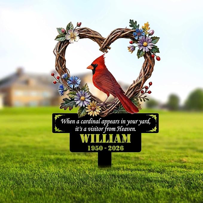 Personalized Cardinal Garden Sign with Stakes, Red Bird Metal Decor, Flower Yard Metal plaque, Gifts for Mom/Grandmother, Patio House Warming Gifts Outside