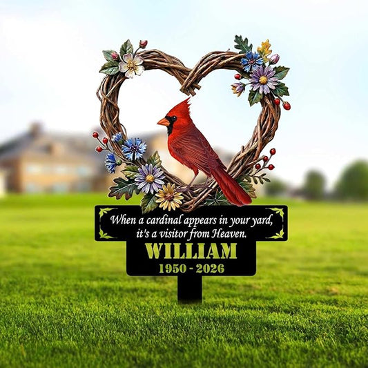 Personalized Cardinal Garden Sign with Stakes, Red Bird Metal Decor, Flower Yard Metal plaque, Gifts for Mom/Grandmother, Patio House Warming Gifts Outside