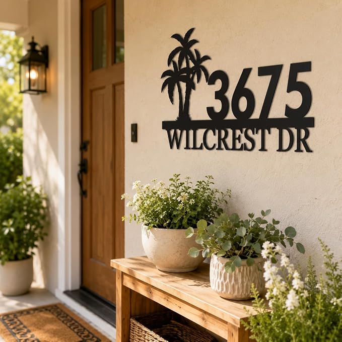Custom Metal House Number Sign Personalized Address Plaque for Tropical Outdoor Street Number Display Porch Yard Mailbox Fence Gift
