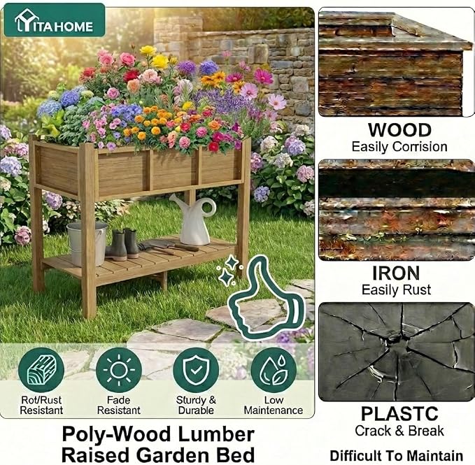 YITAHOME Raised Garden Bed Outdoor HDPE with Shelf, 48x18x30in Poly-Wood Weather-Resistant Elevated Planter Box with Legs for Vegetable Flower, Herb Garden Bed for Backyard Balcony Garden, Brown