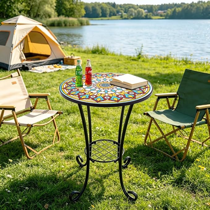 Mosaic Outdoor Side Table Small Round Patio Table Plant Stand | 21" Accent End Table with 14" Ceramic Tile Top for Small Spaces Porch Pool Garden Decor Indoor Living Room Bedroom Balcony