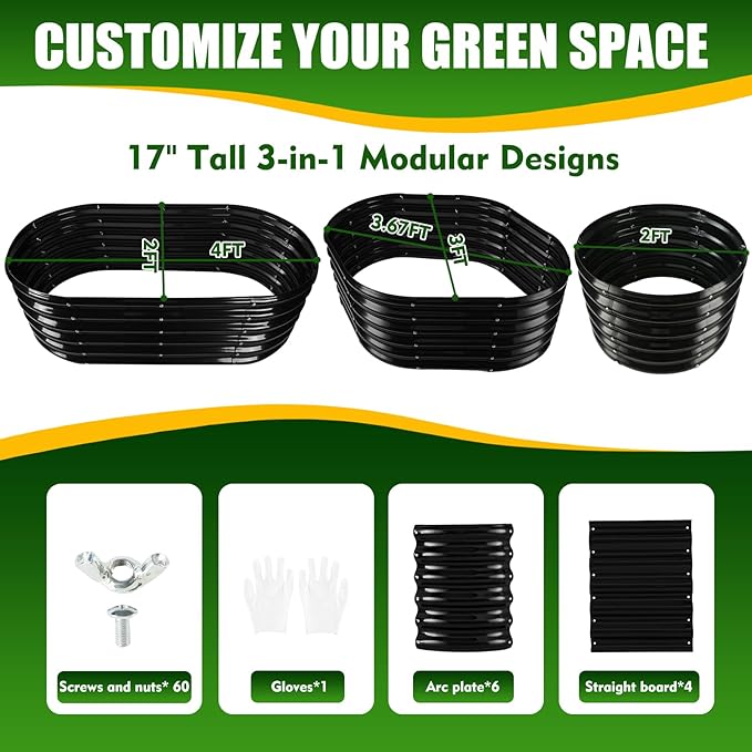 TBMLC 17" Tall Elevated Oval Metal Raised Garden Bed - 4ft x 2ft in Size and 0.8MM Thick Durable Planter Bed/Box for Vegetables Flowers Succulent at Patio/Garden Outdoor (Black, 4X2X1.4 FT)