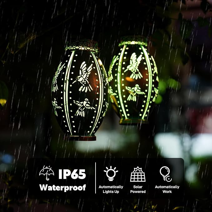 2 Pack Solar Lanterns Outdoor Waterproof Decorative Hummingbird Solar Lantern Lights Hanging for Outside Patio Tableto Garden Yard Lawn Decor, Gifts for Mom Grandma Woman