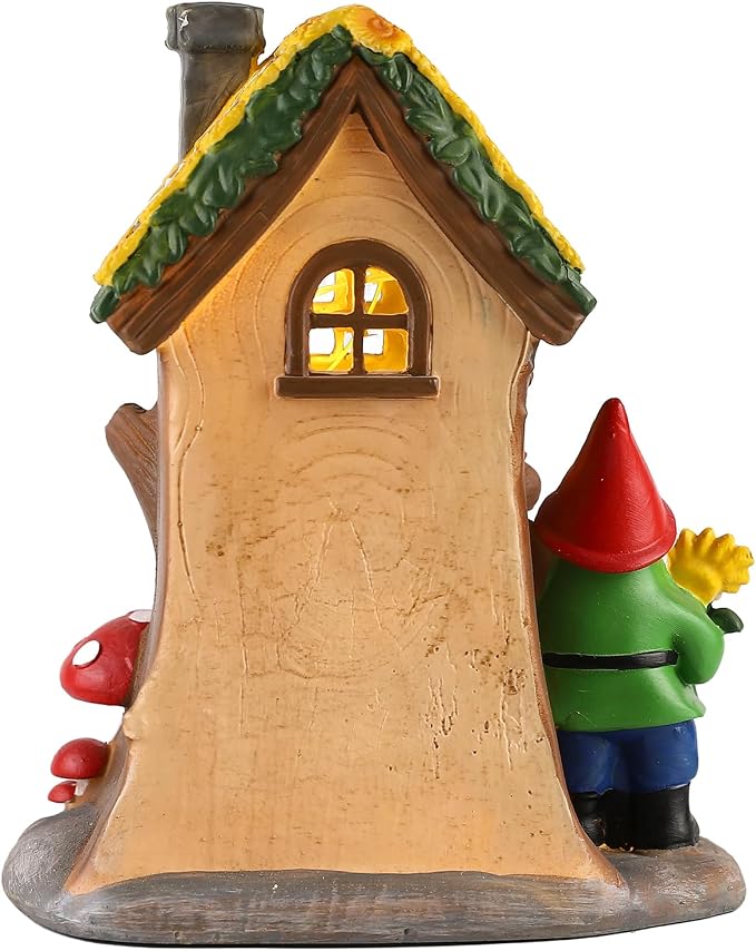 11.42" Solar Garden Gnome House Statue with Lighted Resin Fairy House | Sunflower and Mushroom Decor for Patio, Yard, Porch, Entryway and Balcony, Charming Garden Sculpture Gift for Mom and Grandma