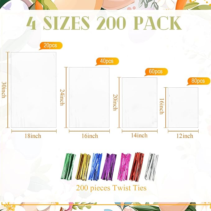 Boao 4 Sizes 200 Pieces Clear Plastic Cellophane Bags Cello Treat Bags with Mix Colors Twist Ties for Christmas Birthday Holiday (12 x 16 In, 14 x 20 In, 16 x 24 In, 18 x 30 in)