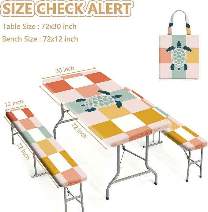 Picnic Table Cover with Bench Covers Elastic Edges, Outdoor Patio Camping Essentials 72 Inch 3PCS, Waterproof Camping Fitted Tablecloth with Handbags (Sea Turtle Checkered Art)