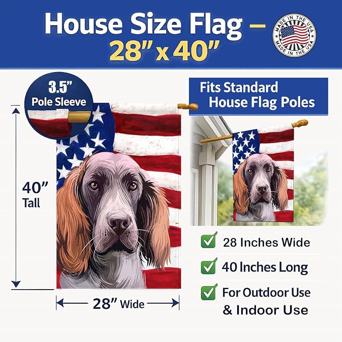 Caroline's Treasures CK6537CHF German Spaniel Dog American Flag House Flag Large Porch Sleeve Pole Decorative Outside Yard Banner Artwork Wall Hanging, Polyester, House Size, Multicolor