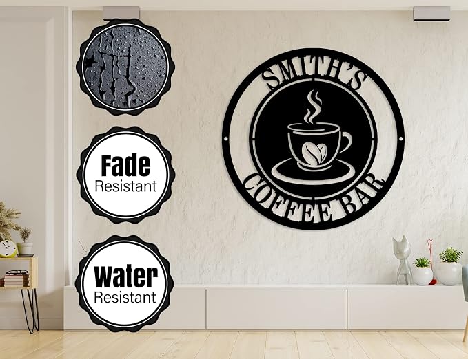 Personalized Coffee Sign Custom Last Name Metal Wall Decor, Coffee Bar Sign with Monogram Family Name, Rustic Farmhouse Kitchen Decor, Coffee Lover Gift, Home Coffee Station Decoration, Housewarming Gift for Family and Friends