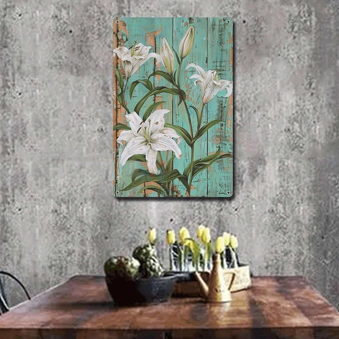 Metal Sign Tin Sign Vintage Wall Art Shabby Chic Lilies Tin Sign for Vintage Botanical Art Rustic Wall Panels and Distressed Wood Acce Boho Bedroom Decorations for Bar 8×12 Inches