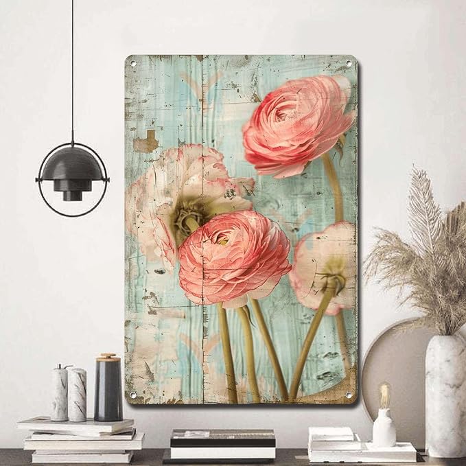 Metal Sign Tin Sign Vintage Wall Art Shabby Chic Ranunculus Tin Sign for Antique Floral Artistry Rustic Wall Art and Distressed Wood P Bar Sign for Room 8×12 Inches