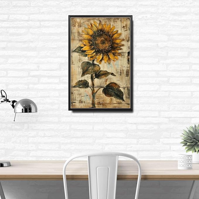 Metal Sign Tin Sign Vintage Wall Art Shabby Chic Sunflower Tin Sign for Rustic Wall Decor Antique Artistry and Distressed Wood Surface Tin Sig for Restaurant 8×12 Inches with Metal Frame