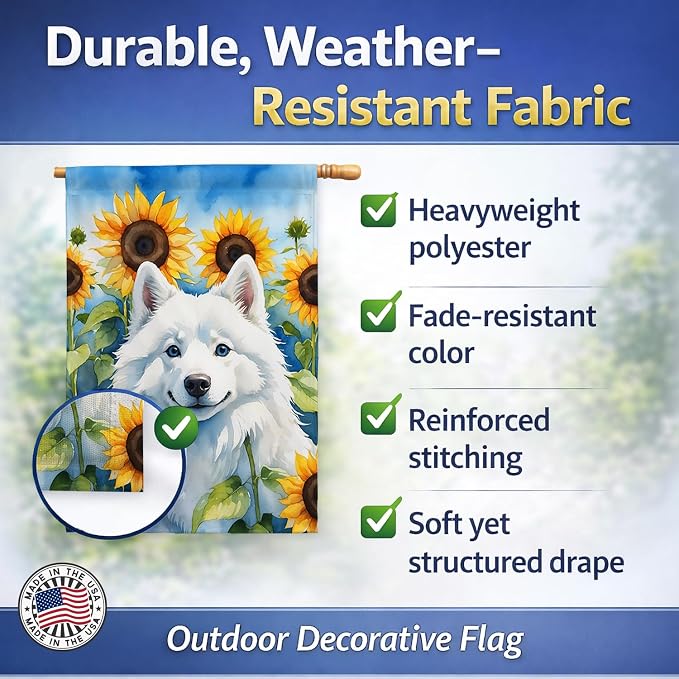 Caroline's Treasures DAC6008CHF American Eskimo in Sunflowers House Flag Large Porch Sleeve Pole Decorative Outside Yard Banner Artwork Wall Hanging, Polyester, House Size, Multicolor