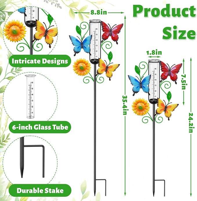 35.4" Butterfly Rain Gauge Outdoor, Metal Rain Gauges Stake with 6“ Glass Tube, Decorative Rain Gauges for Yard Garden Lawn for Precipitation Measurement