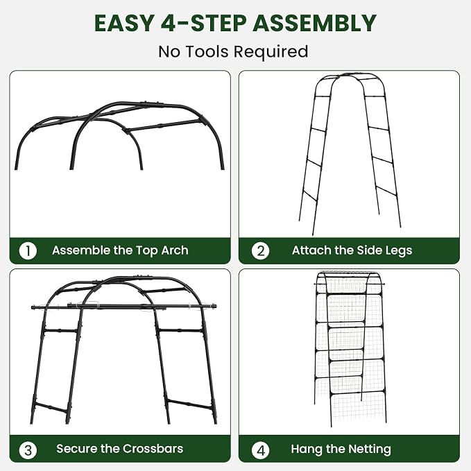 Heavy Duty Garden Arch Trellis for Climbing Plants, 20mm Thick Rustproof Metal Frame, Easy Assembly No Tools, 7.2ft Tall Vine Support with Netting & Gloves for Cucumbers Beans Roses