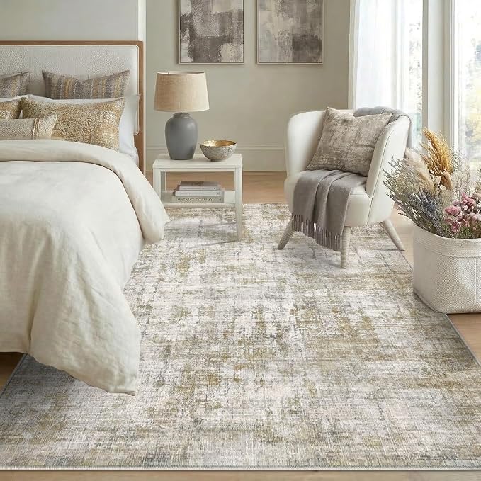5x7 Area Rugs Washable Living Room Rug Non Slip Soft Carpets | Modern Abstract Indoor Floor Stain Resistant Carpet for Bedroom Dining Room Farmhouse Nursery Home Office Tan
