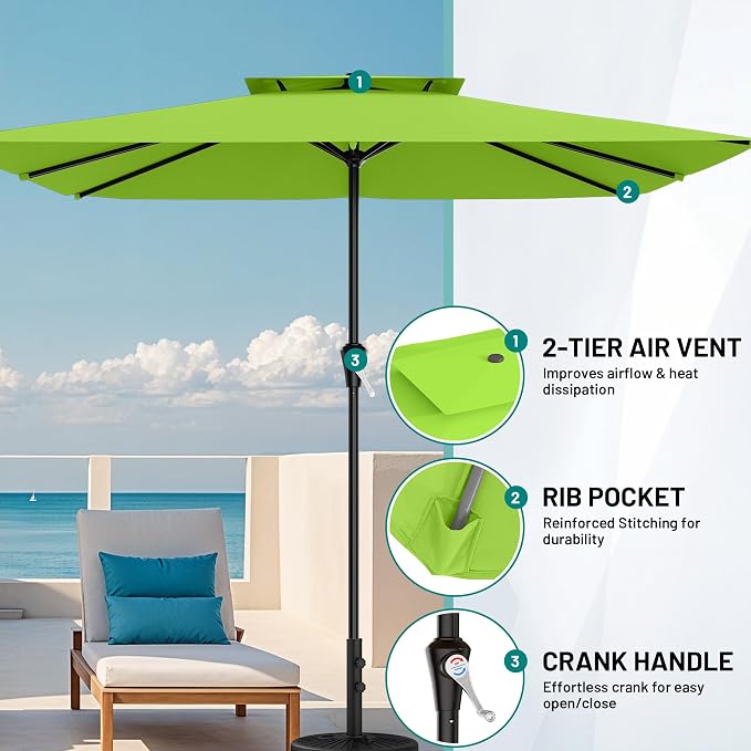 AreShark 8'x10' 2 Tiers Rectangular Patio Umbrella - Outdoor Umbrella Waterproof UV Protection, Market Table Umbrella w/Crank for Pool, Backyard, Deck(Apple Green)