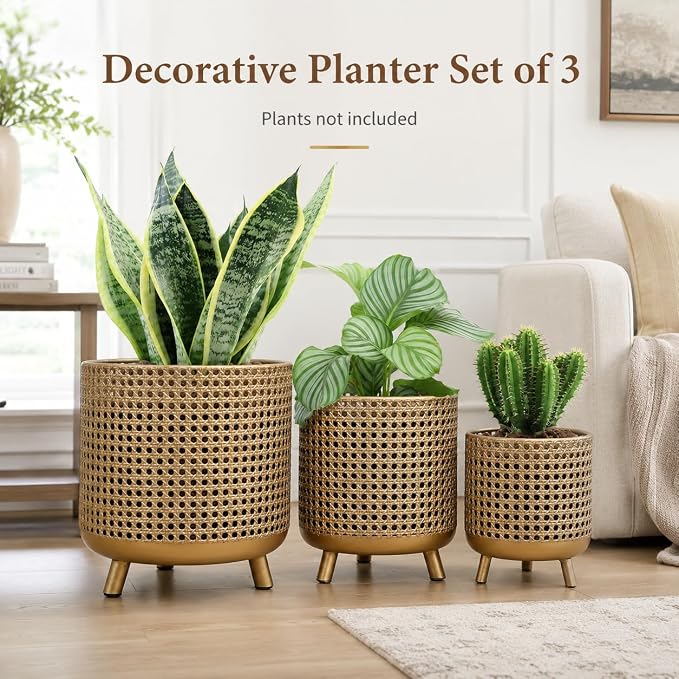 JHY DESIGN Set of 3 Plant Pots 10/8.5/7''H Metal Decoration Flower Pots with Hollow Design Large planters for Indoor & Outdoor Garden Home Balcony Railing Fence Plants(Gold)