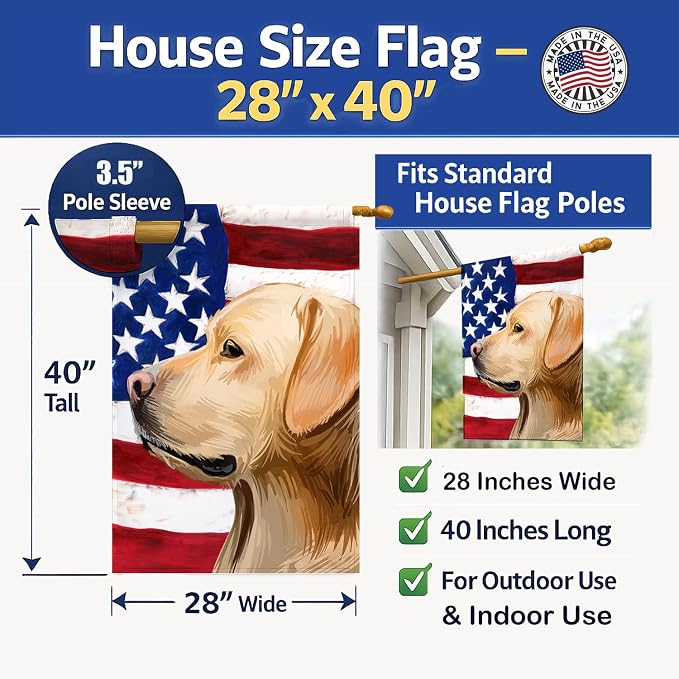 Caroline's Treasures CK6600CHF Labrador Retriever American Flag House Flag Large Porch Sleeve Pole Decorative Outside Yard Banner Artwork Wall Hanging, Polyester, House Size, Multicolor