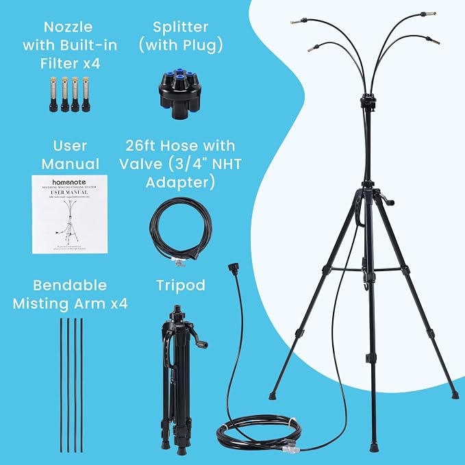 HOMENOTE Standing Misters for Outside Patio, 26FT Misting Hose, 4.8FT Adjustable Height Portable Misting System with Tripod Base, for Backyard, Pool, BBQ Cooling, Garden Watering & Tanning
