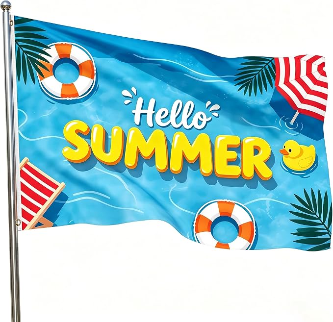 Hello Summer Flag 3x5 Ft Double Sided, Season Yard Banner with 2 Brass Grommets, Funny Pool Print, Durable Outdoor Decor for Patio Yard Lawn, Pool Party Supplies