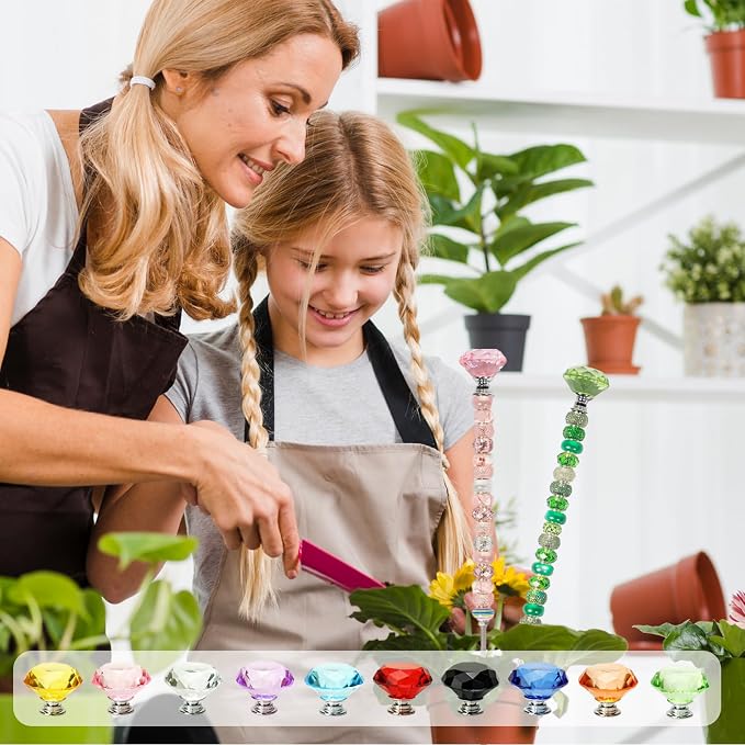 230pcs Beaded Garden Stakes Kit Fairy Garden Stakes Includes 10 Colorful Crystal Top 200 Round Colorful Bead 10 Stainless Steel Threaded Rods and Nuts for Outdoor Decoration(Diamond Style)