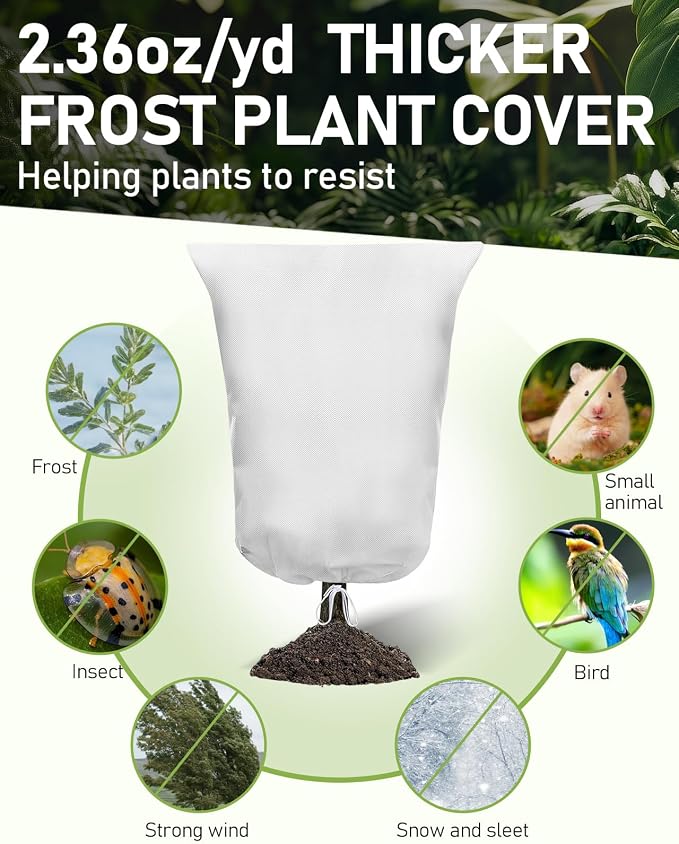 Winter Plant Covers Freeze Protection, 2 Pack Frost Covers (47.3" X 71"), with Zipper and Drawstring Reusable, 2.36 oz/yd² Frost Blankets for Outdoor Plants, for Potted Shrubs Fruit Trees