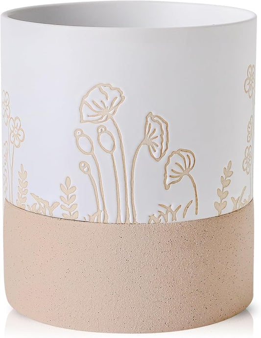 Nihow Self Watering Pots for Indoor Plants,6 Inch,White & Nature | Hand Painting,Ceramic Planter, Drainage Hole & Water Storage Plus, Cylinder Round Flower Pot, For Succulent/Herbs/Violets