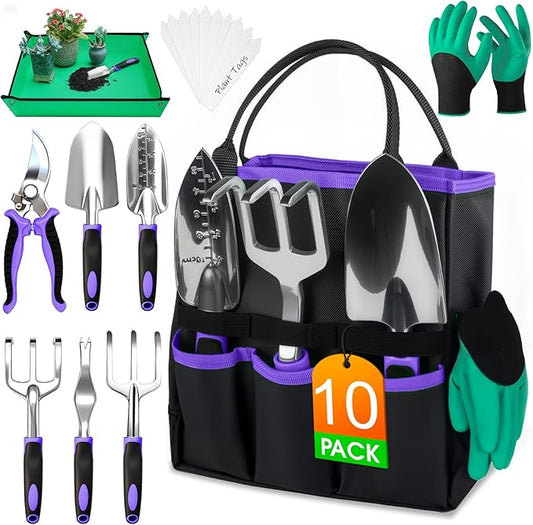 WOWBOX Garden Tools Set - 10 PCS, Heavy Duty Gardening Hand Tools Kit with Storage Tote, Rust-Resistant Gardening Supplies for Planting with Non-Slip Ergonomic Handle for Women and Men (Purple)