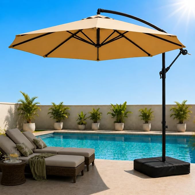 10FT Patio Umbrella with Base, Outdoor Umbrella Pool Umbrella Cantilever Umbrells - UV Protection, Easy Tilt & 360° Rotation for Poolside, Backyard & Garden