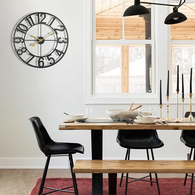 Exact Large Outdoor Clock, 30 Inch Patio Decorative Wall Clock Silent Non Ticking Battery Operated, Modern Black Metal Clock for Pool Area, Living Room, Farmhouse, Kitchen