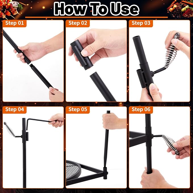 24" Fire Pit Campfire Grill Grate, Foldable Open Fire Cooking Grill Grate Portable Round Camping Cooking Barbecue Rack Heavy-duty, Easy Setup & Adjustable Height for Outdoor Camping BBQ