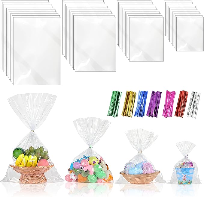 Boao 4 Sizes 200 Pieces Clear Plastic Cellophane Bags Cello Treat Bags with Mix Colors Twist Ties for Christmas Birthday Holiday (4 x 3 In, 10 x 2 In, 15 x 12 In, 20 x 15 in)