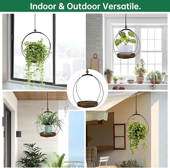 hismocal Hanging Planters for Indoor Plants,Plant Hanger with Sturdy Wood Base,Modern Boho Macrame Plant Hanger,Wall Ceiling Window Stands(Plants/Pots Not Included) (2 Pack-Circle)