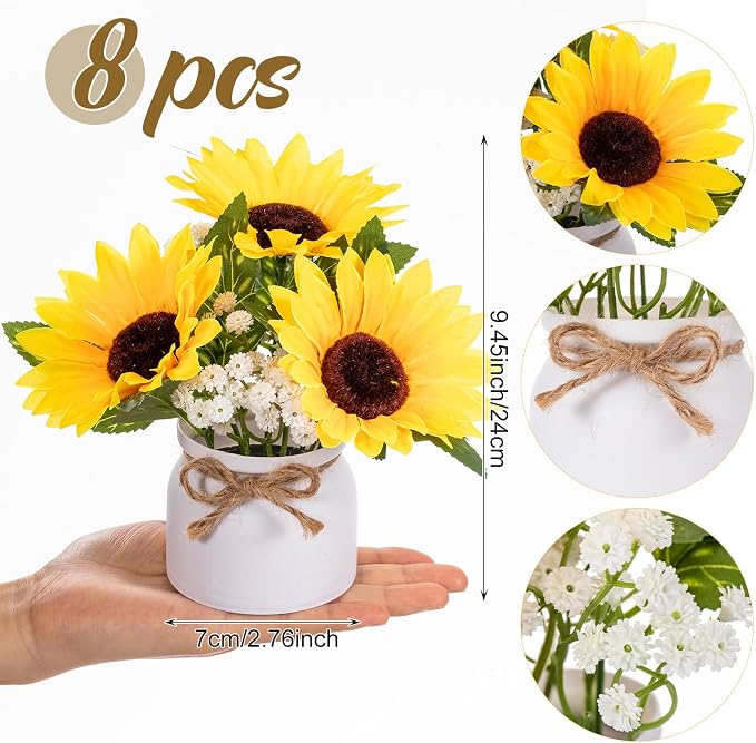 Zeyune 8 Pcs Sunflower Potted Plants Rustic Summer Spring Kitchen Wedding Table Centerpieces Silk Yellow Fake Flower with Plastic Pot for Home Bathroom Office (White, Sunflower and Baby's Breath)