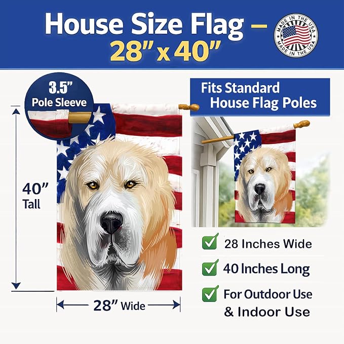 Caroline's Treasures CK6483CHF Central Asian Shepherd Dog American Flag House Flag Large Porch Sleeve Pole Decorative Outside Yard Banner Artwork Wall Hanging, Polyester, House Size, Multicolor