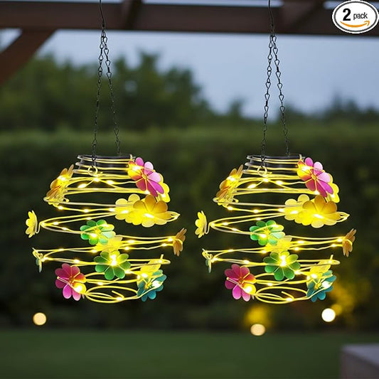 2 Pack Solar Lanterns Outdoor Waterproof , 30LEDs Hanging Solar Lights with Flower for Garden Patio Yard Decor, Gift for Grandma Gardeners Women