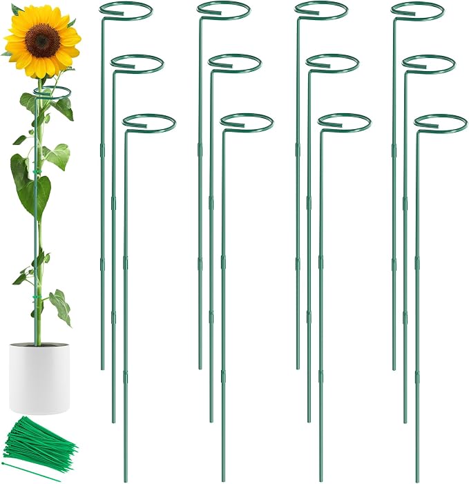 Unves 12 Pack Plant Support Stakes, 36 Inch Garden Plant Stakes, Three Sizes(36 or 24 or 12 Inch) Single Stem Plant Cage for Outdoor Indoor Plants, Sunflower, Tomatoes with 100 Pcs Twist Ties