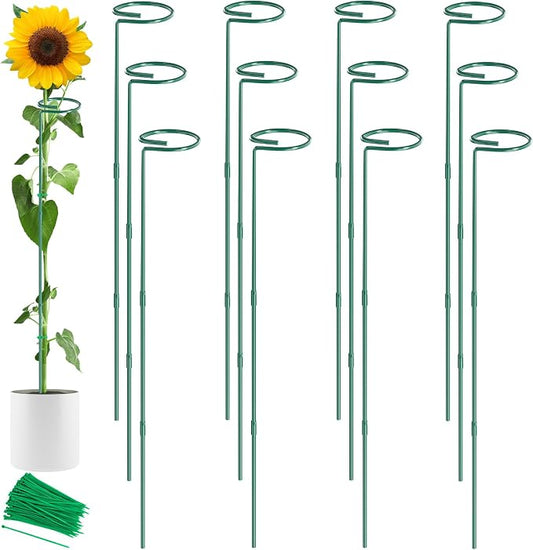 Unves 12 Pack Plant Support Stakes, 36 Inch Garden Plant Stakes, Three Sizes(36 or 24 or 12 Inch) Single Stem Plant Cage for Outdoor Indoor Plants, Sunflower, Tomatoes with 100 Pcs Twist Ties